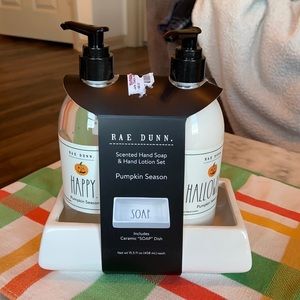Rae Dunn hand soap and lotion set with soap dish